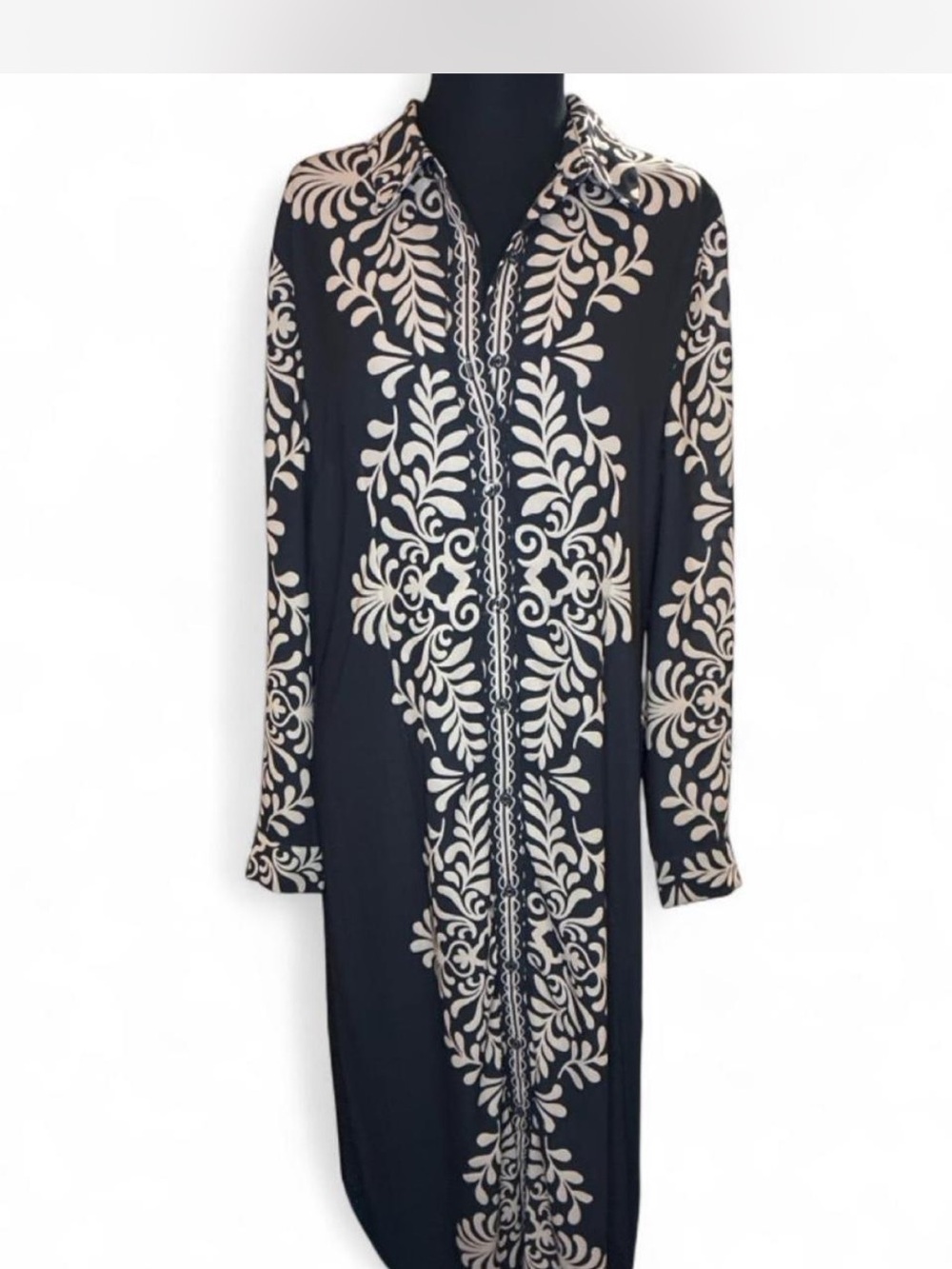 Elie Tahari Black Long-Sleeve Shirt Dress with Cream Botanical Print